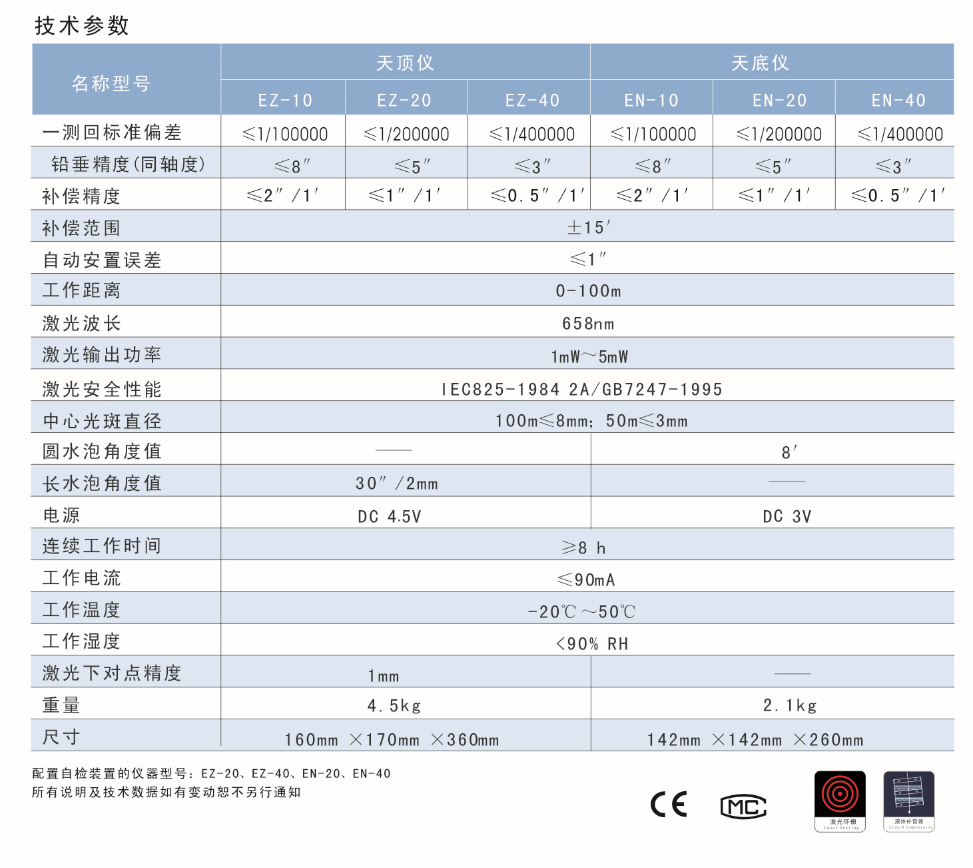 EZ-10、EZ-20、EZ-40激光自動(dòng)安平天頂儀/上垂準(zhǔn)儀技術(shù)參數(shù)